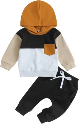 Amiblvowa Toddler Baby Boy Clothes 3 6 9 12 18 Months 2T 3T Color Block Hoodie Pants Set Spring Valentines Day Outfit