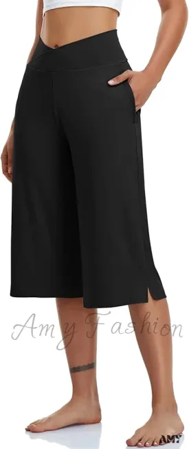 Amy Fashion - Casual Wide Leg Yoga Capris Crossover High Waist Capri Pants