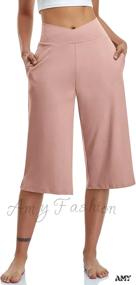 Amy Fashion - Casual Wide Leg Yoga Capris Crossover High Waist Capri Pants
