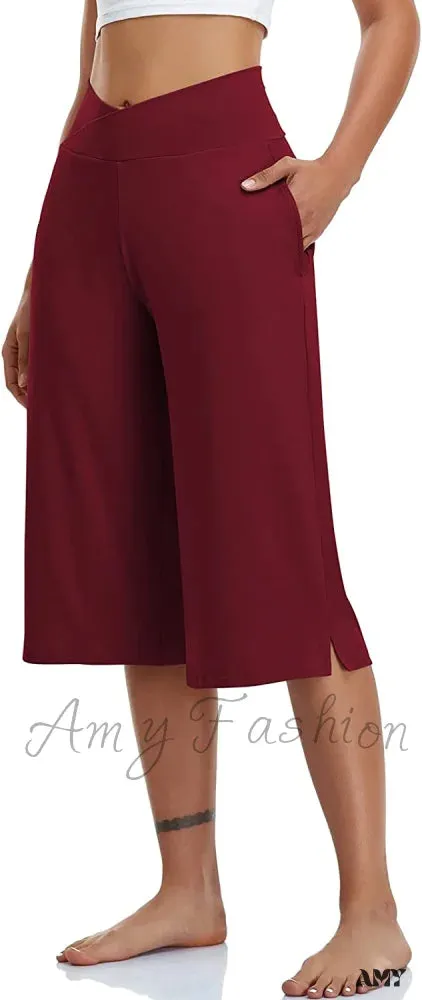 Amy Fashion - Casual Wide Leg Yoga Capris Crossover High Waist Capri Pants