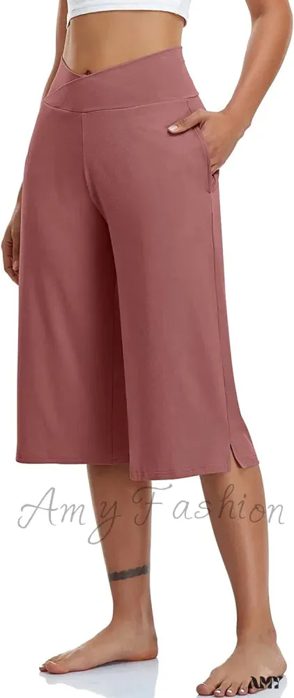 Amy Fashion - Casual Wide Leg Yoga Capris Crossover High Waist Capri Pants
