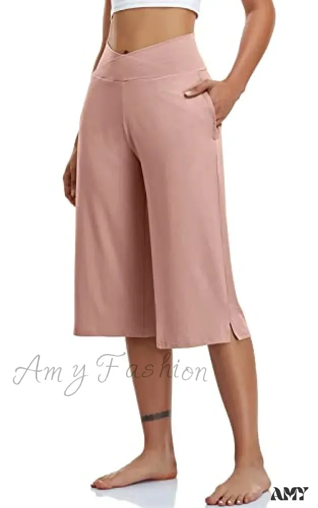 Amy Fashion - Casual Wide Leg Yoga Capris Crossover High Waist Capri Pants