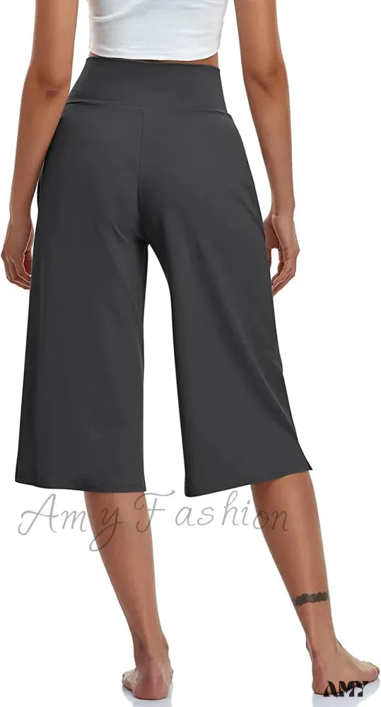 Amy Fashion - Casual Wide Leg Yoga Capris Crossover High Waist Capri Pants