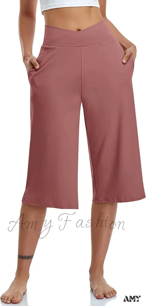 Amy Fashion - Casual Wide Leg Yoga Capris Crossover High Waist Capri Pants
