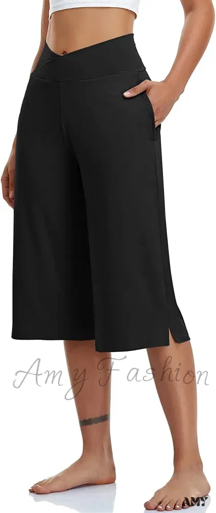 Amy Fashion - Casual Wide Leg Yoga Capris Crossover High Waist Capri Pants