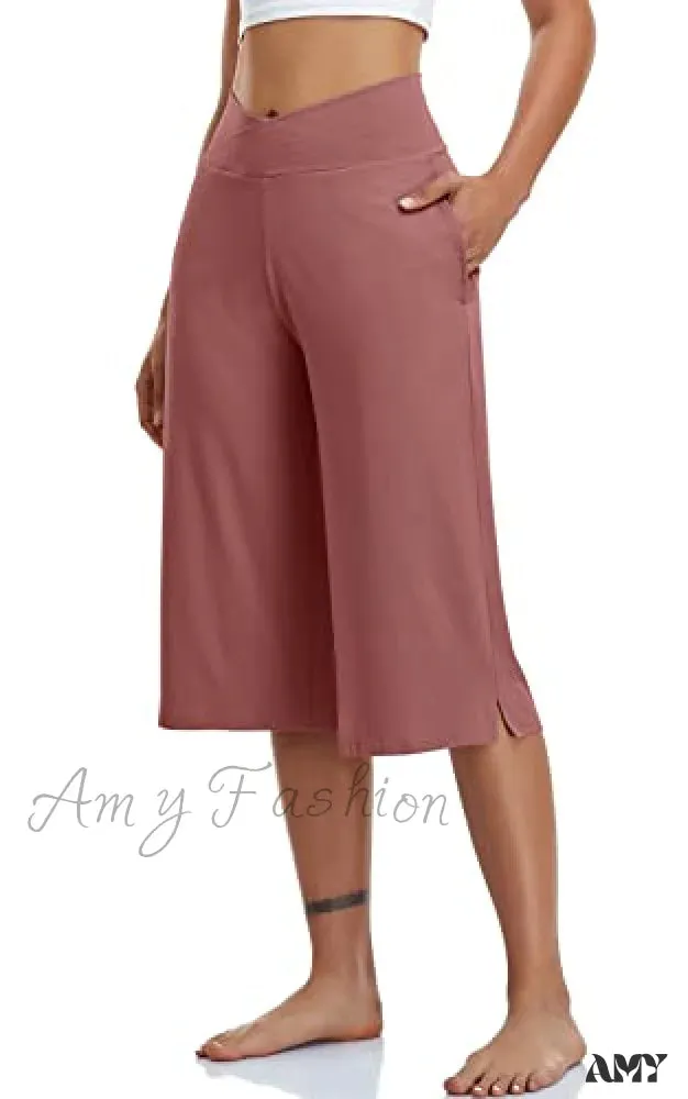 Amy Fashion - Casual Wide Leg Yoga Capris Crossover High Waist Capri Pants