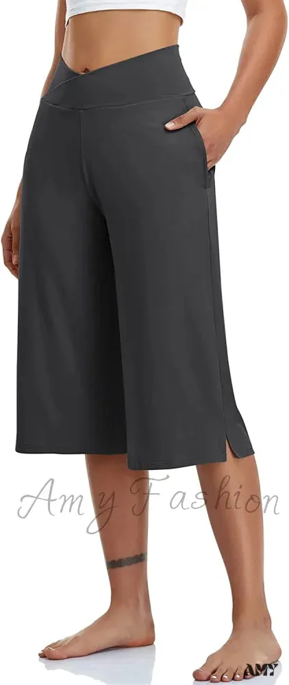 Amy Fashion - Casual Wide Leg Yoga Capris Crossover High Waist Capri Pants