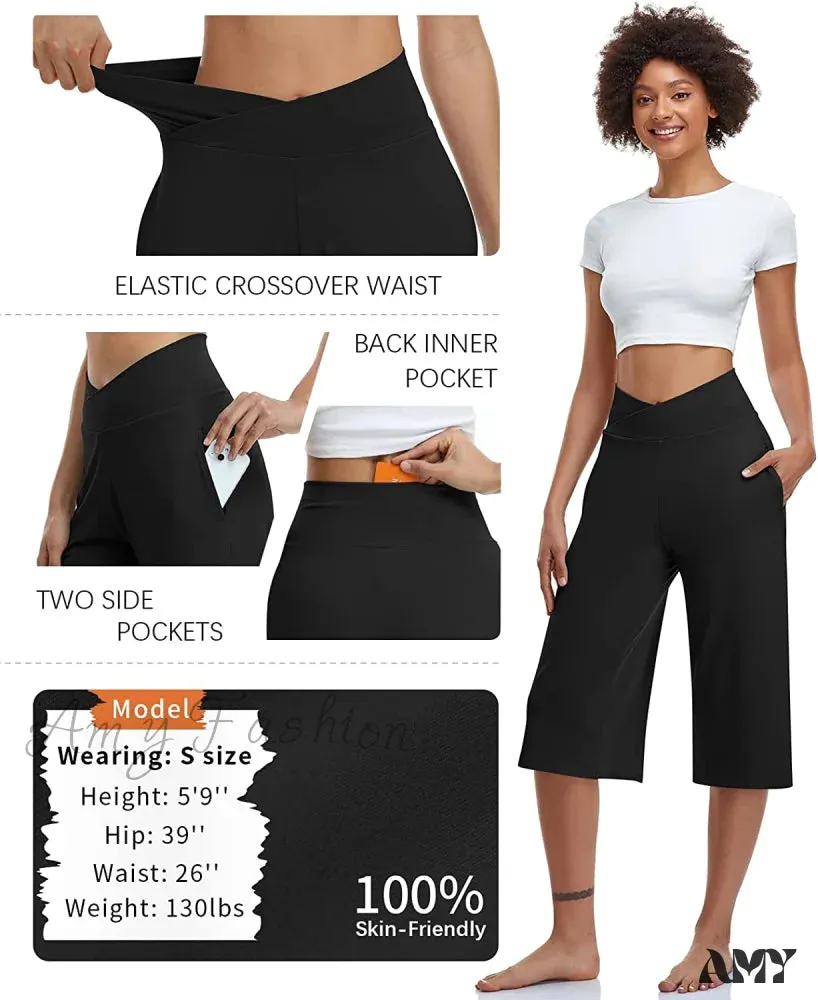 Amy Fashion - Casual Wide Leg Yoga Capris Crossover High Waist Capri Pants