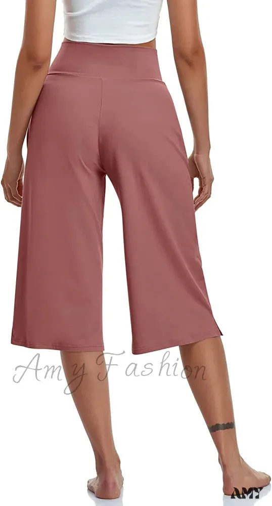 Amy Fashion - Casual Wide Leg Yoga Capris Crossover High Waist Capri Pants