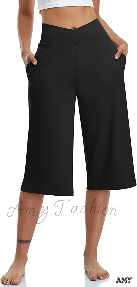 Amy Fashion - Casual Wide Leg Yoga Capris Crossover High Waist Capri Pants