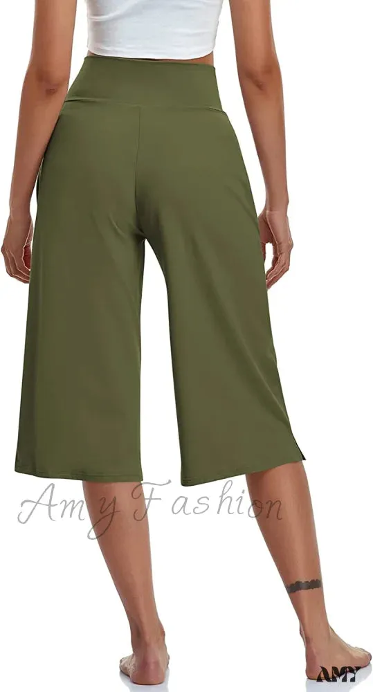 Amy Fashion - Casual Wide Leg Yoga Capris Crossover High Waist Capri Pants