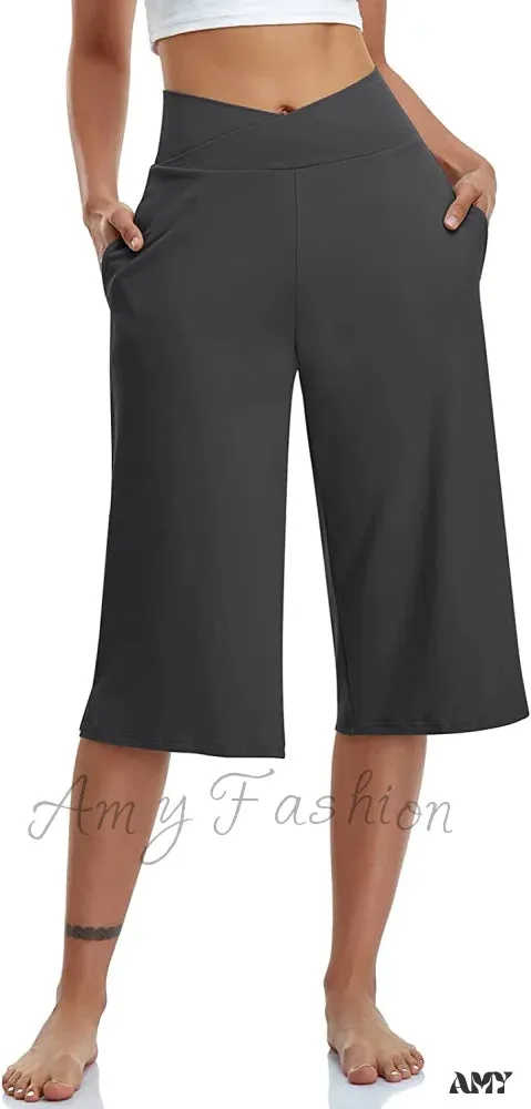 Amy Fashion - Casual Wide Leg Yoga Capris Crossover High Waist Capri Pants