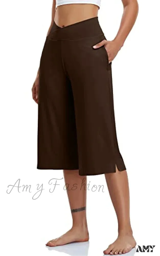 Amy Fashion - Casual Wide Leg Yoga Capris Crossover High Waist Capri Pants