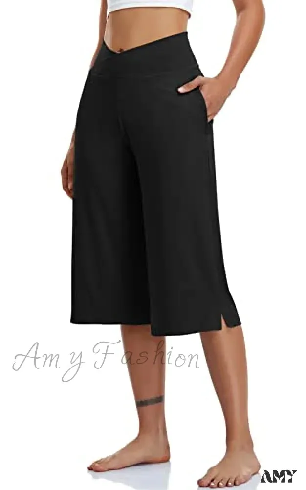 Amy Fashion - Casual Wide Leg Yoga Capris Crossover High Waist Capri Pants