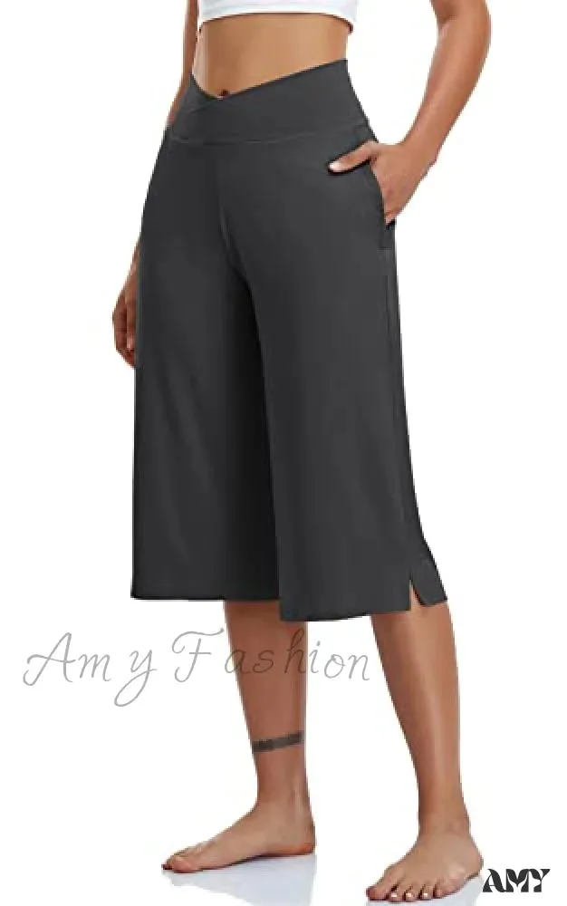 Amy Fashion - Casual Wide Leg Yoga Capris Crossover High Waist Capri Pants