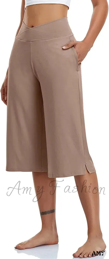Amy Fashion - Casual Wide Leg Yoga Capris Crossover High Waist Capri Pants