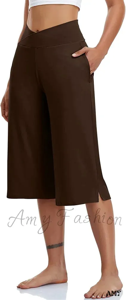 Amy Fashion - Casual Wide Leg Yoga Capris Crossover High Waist Capri Pants