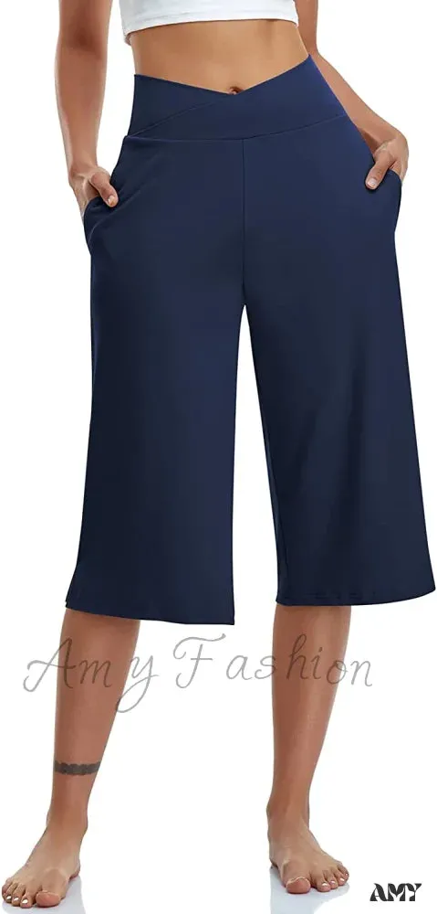Amy Fashion - Casual Wide Leg Yoga Capris Crossover High Waist Capri Pants