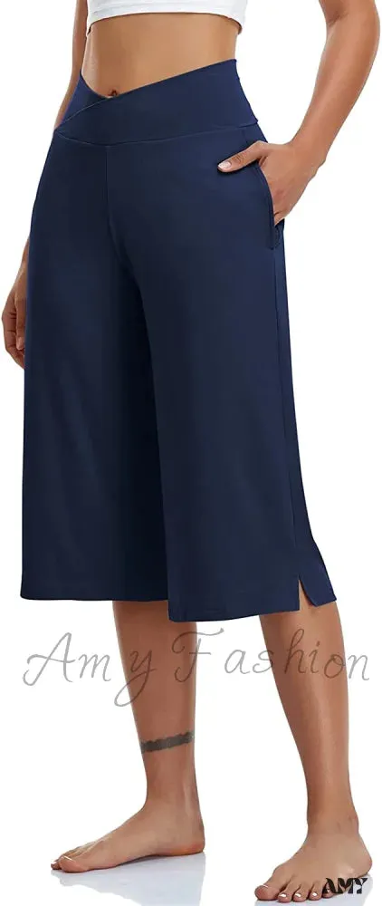Amy Fashion - Casual Wide Leg Yoga Capris Crossover High Waist Capri Pants