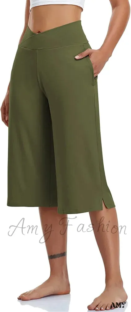 Amy Fashion - Casual Wide Leg Yoga Capris Crossover High Waist Capri Pants