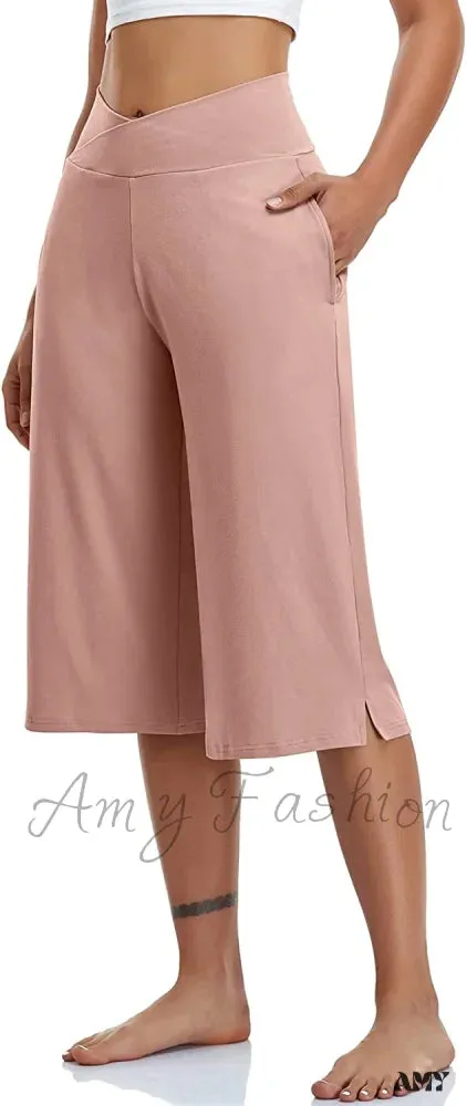 Amy Fashion - Casual Wide Leg Yoga Capris Crossover High Waist Capri Pants