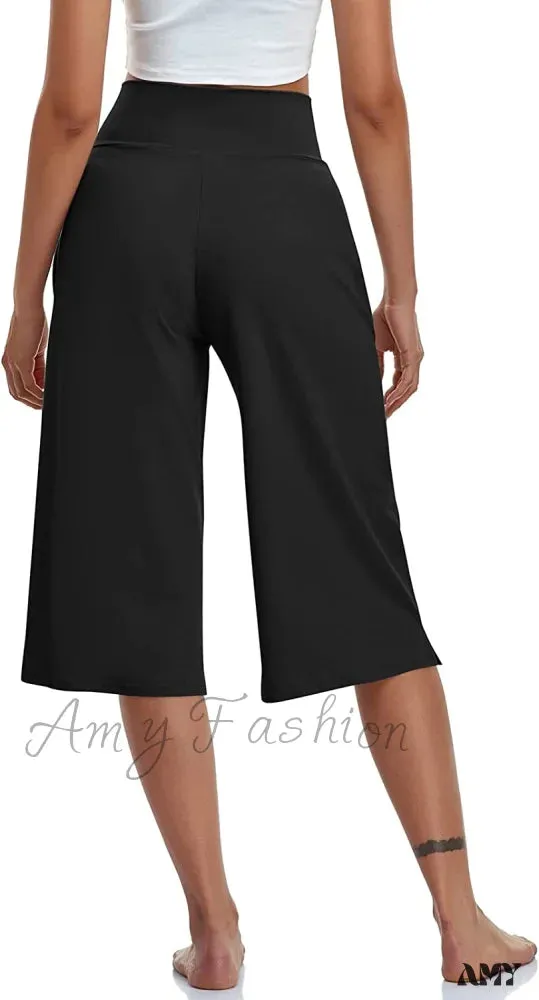 Amy Fashion - Casual Wide Leg Yoga Capris Crossover High Waist Capri Pants