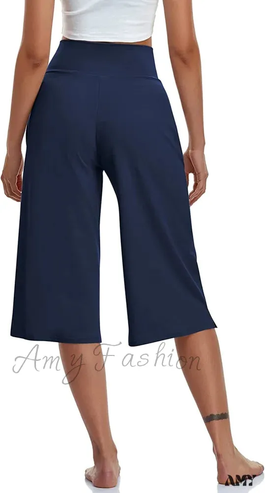 Amy Fashion - Casual Wide Leg Yoga Capris Crossover High Waist Capri Pants