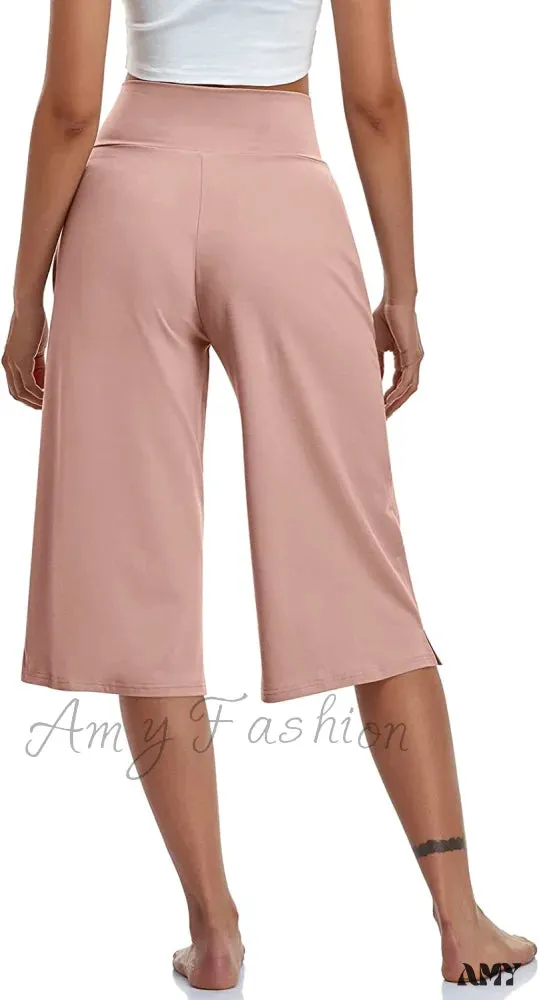 Amy Fashion - Casual Wide Leg Yoga Capris Crossover High Waist Capri Pants