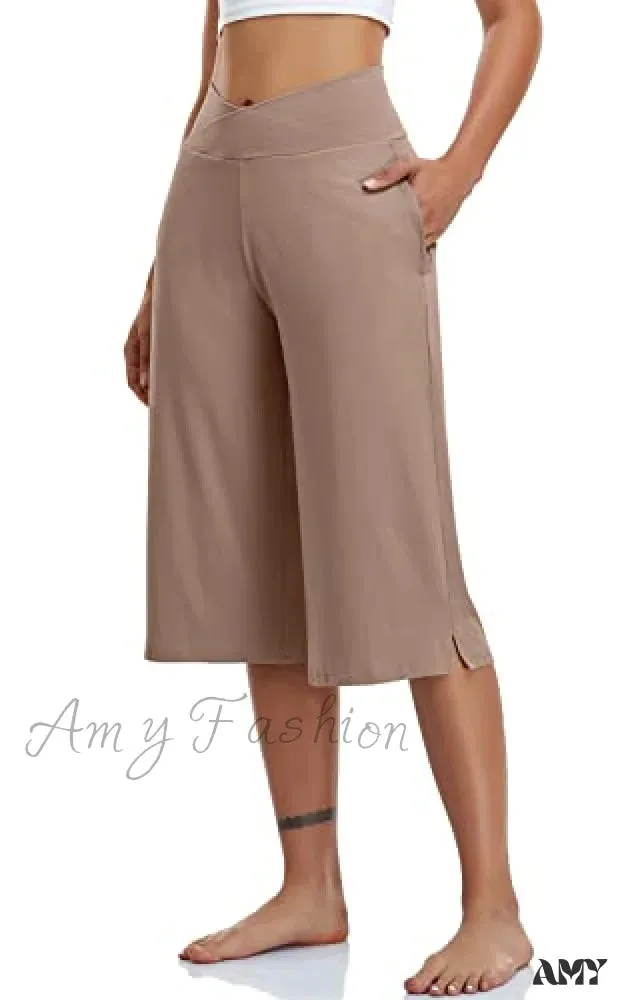 Amy Fashion - Casual Wide Leg Yoga Capris Crossover High Waist Capri Pants