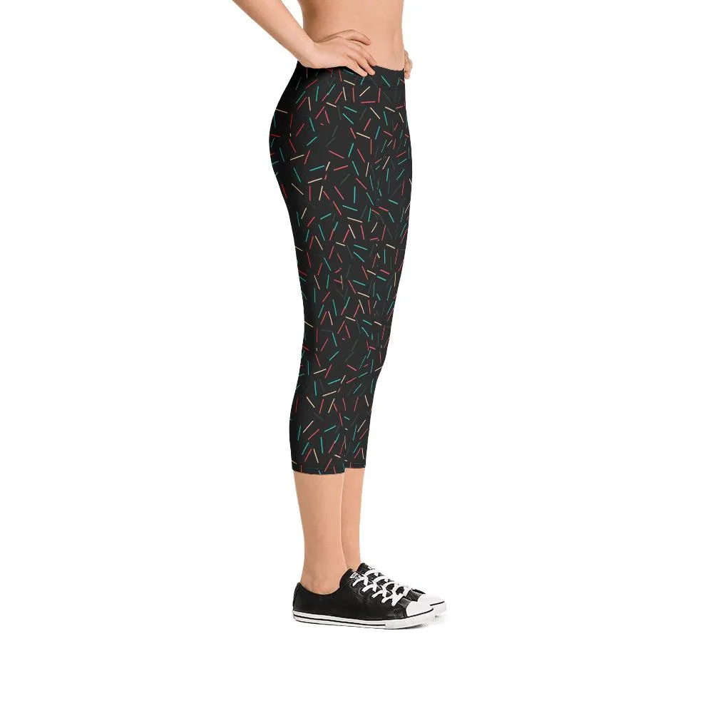 Black Birthday Capris Leggings, Cake Sprinkle Print Women's Capri Tights- Made in USA/EU