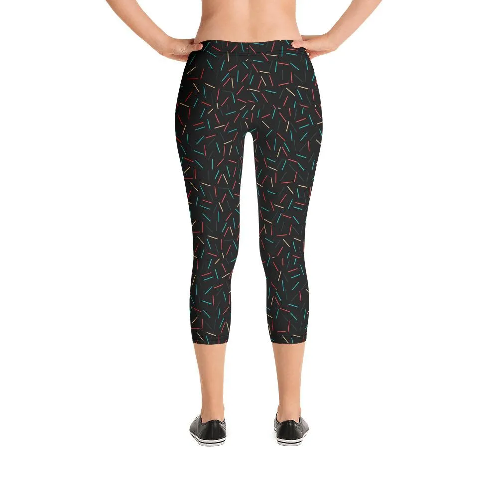 Black Birthday Capris Leggings, Cake Sprinkle Print Women's Capri Tights- Made in USA/EU