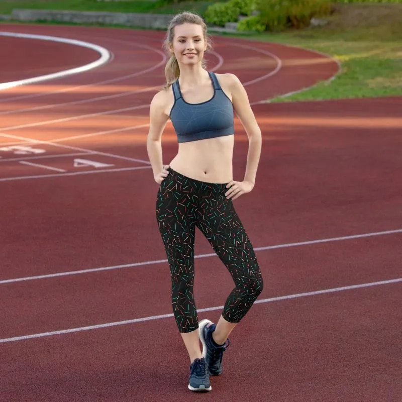 Black Birthday Capris Leggings, Cake Sprinkle Print Women's Capri Tights- Made in USA/EU