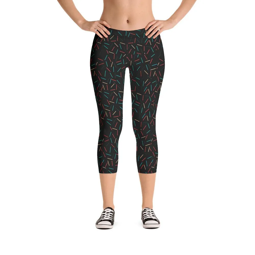 Black Birthday Capris Leggings, Cake Sprinkle Print Women's Capri Tights- Made in USA/EU