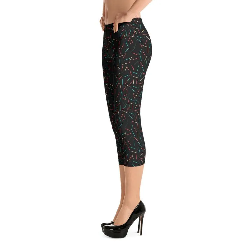 Black Birthday Capris Leggings, Cake Sprinkle Print Women's Capri Tights- Made in USA/EU