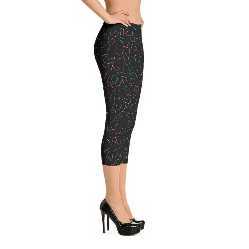 Black Birthday Capris Leggings, Cake Sprinkle Print Women's Capri Tights- Made in USA/EU