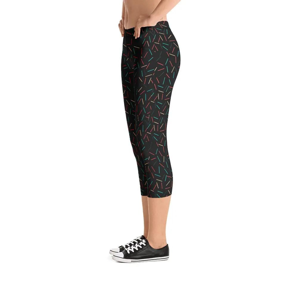 Black Birthday Capris Leggings, Cake Sprinkle Print Women's Capri Tights- Made in USA/EU