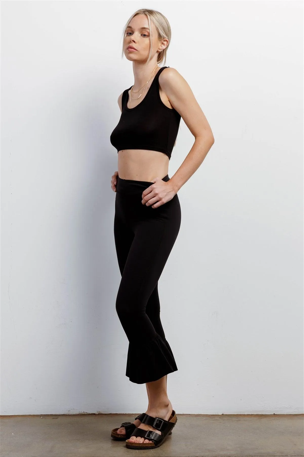 Black Retro High-Waisted Elastic Bell Leg Fitted Capri Pants /1-2-2