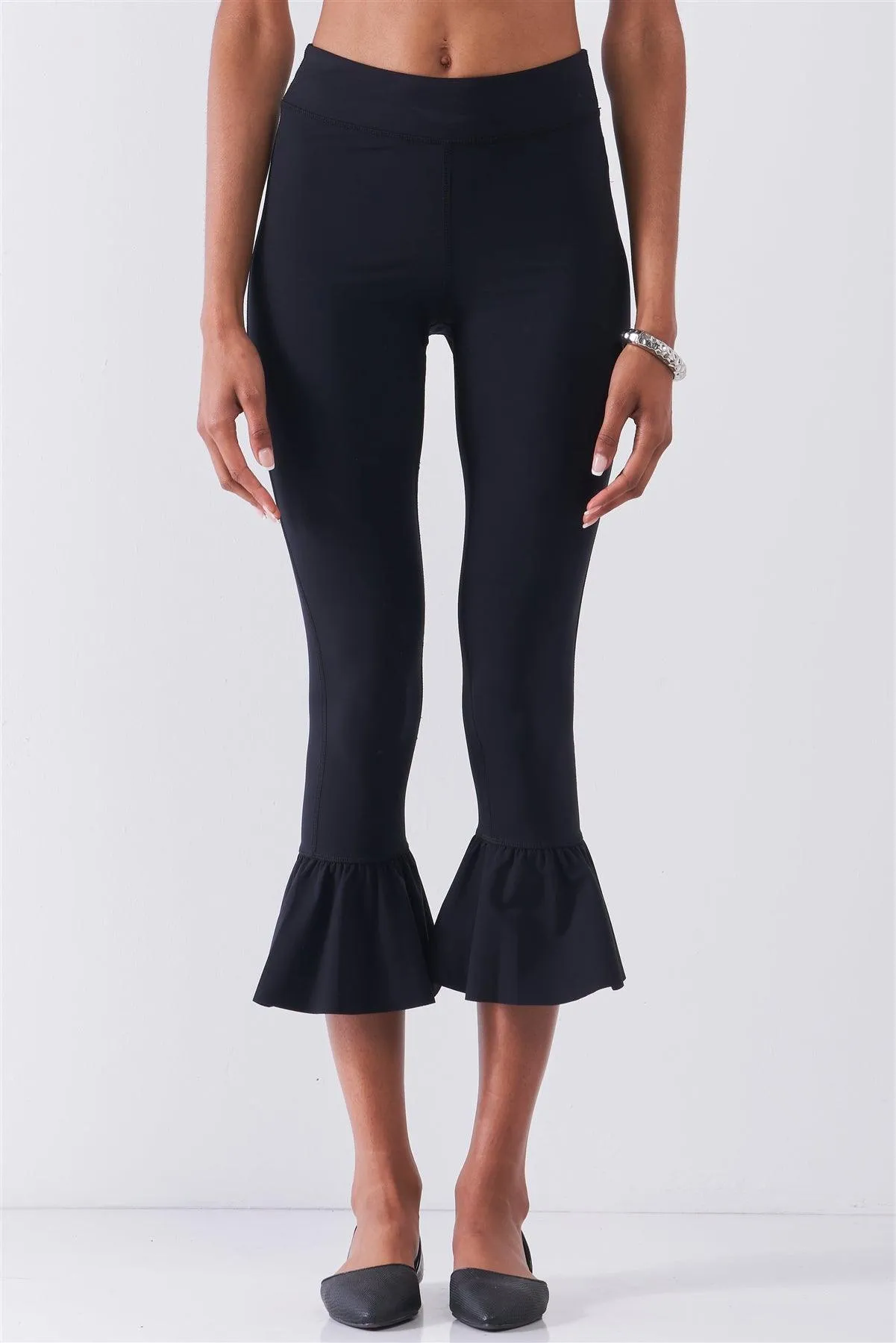 Black Retro High-Waisted Elastic Bell Leg Fitted Capri Pants /1-2-2