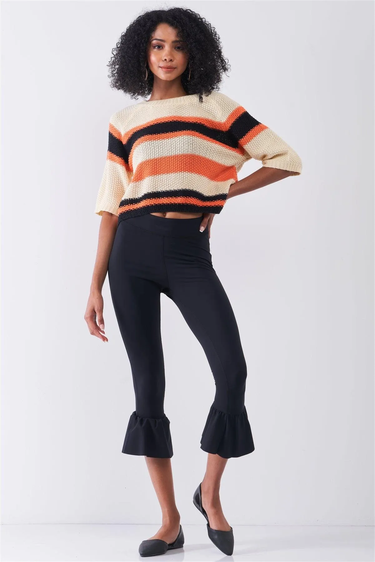 Black Retro High-Waisted Elastic Bell Leg Fitted Capri Pants /1-2-2