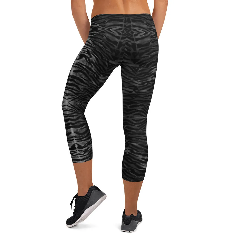 Black Tiger Striped Capri Leggings, Animal Print Women's Capris Tights-Made in USA/EU