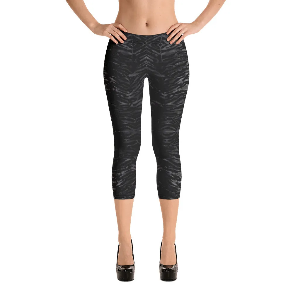 Black Tiger Striped Capri Leggings, Animal Print Women's Capris Tights-Made in USA/EU