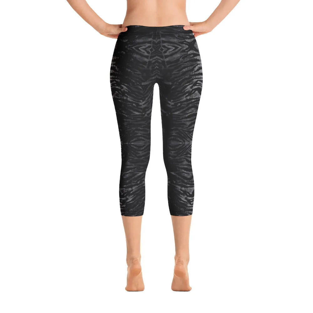 Black Tiger Striped Capri Leggings, Animal Print Women's Capris Tights-Made in USA/EU