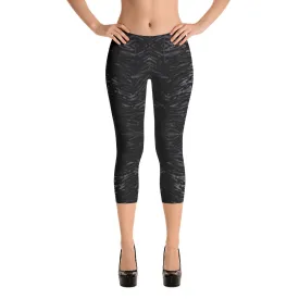 Black Tiger Striped Capri Leggings, Animal Print Women's Capris Tights-Made in USA/EU