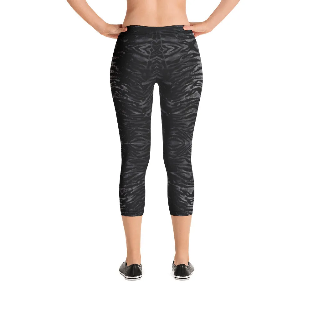 Black Tiger Striped Capri Leggings, Animal Print Women's Capris Tights-Made in USA/EU