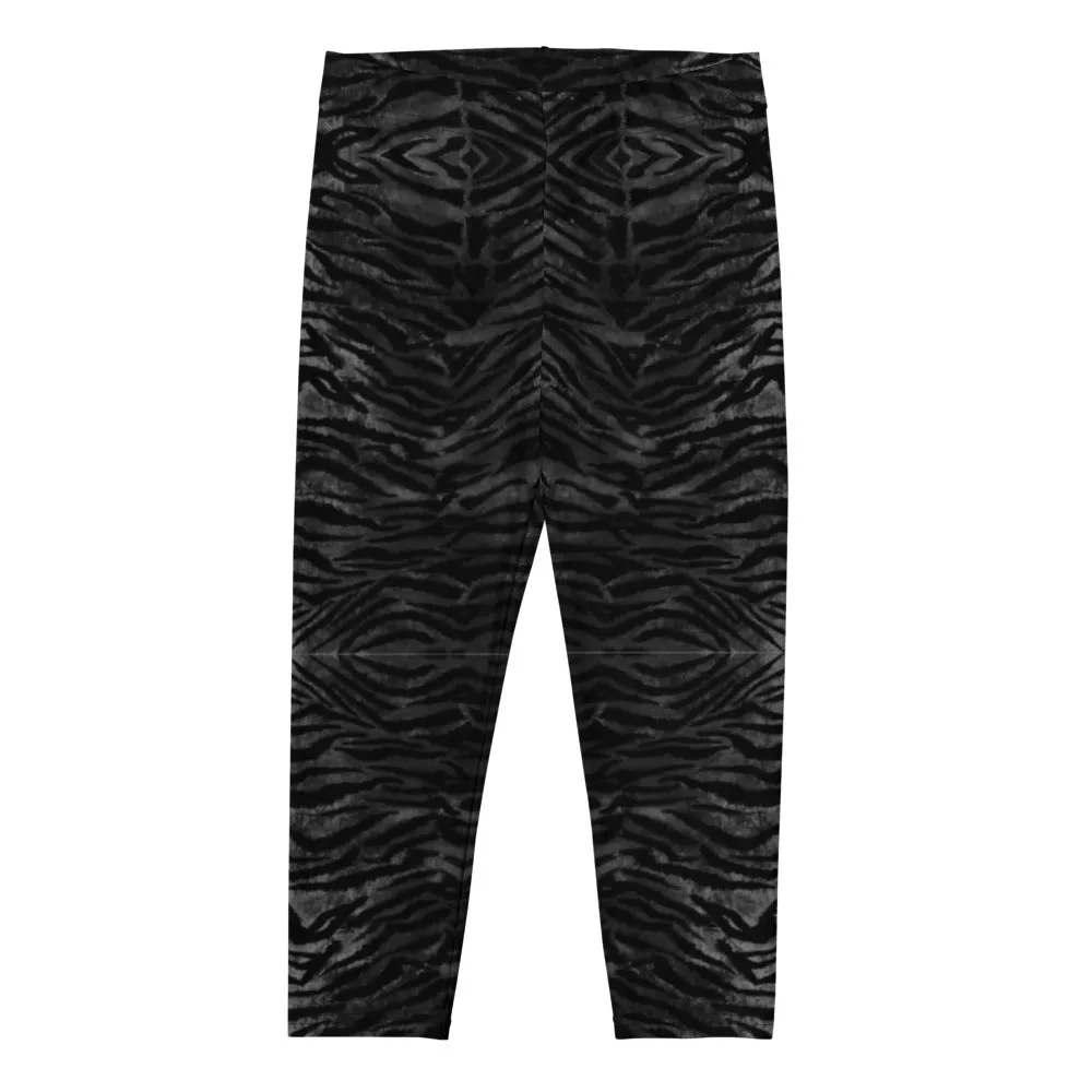 Black Tiger Striped Capri Leggings, Animal Print Women's Capris Tights-Made in USA/EU