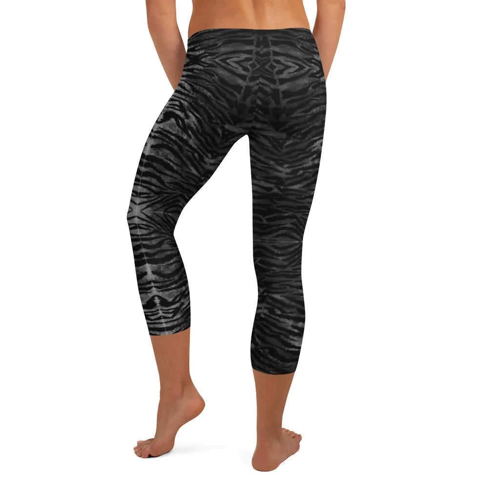Black Tiger Striped Capri Leggings, Animal Print Women's Capris Tights-Made in USA/EU