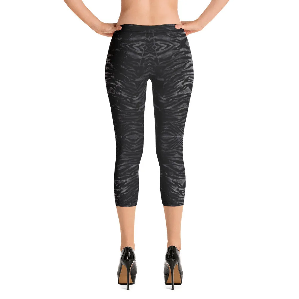 Black Tiger Striped Capri Leggings, Animal Print Women's Capris Tights-Made in USA/EU