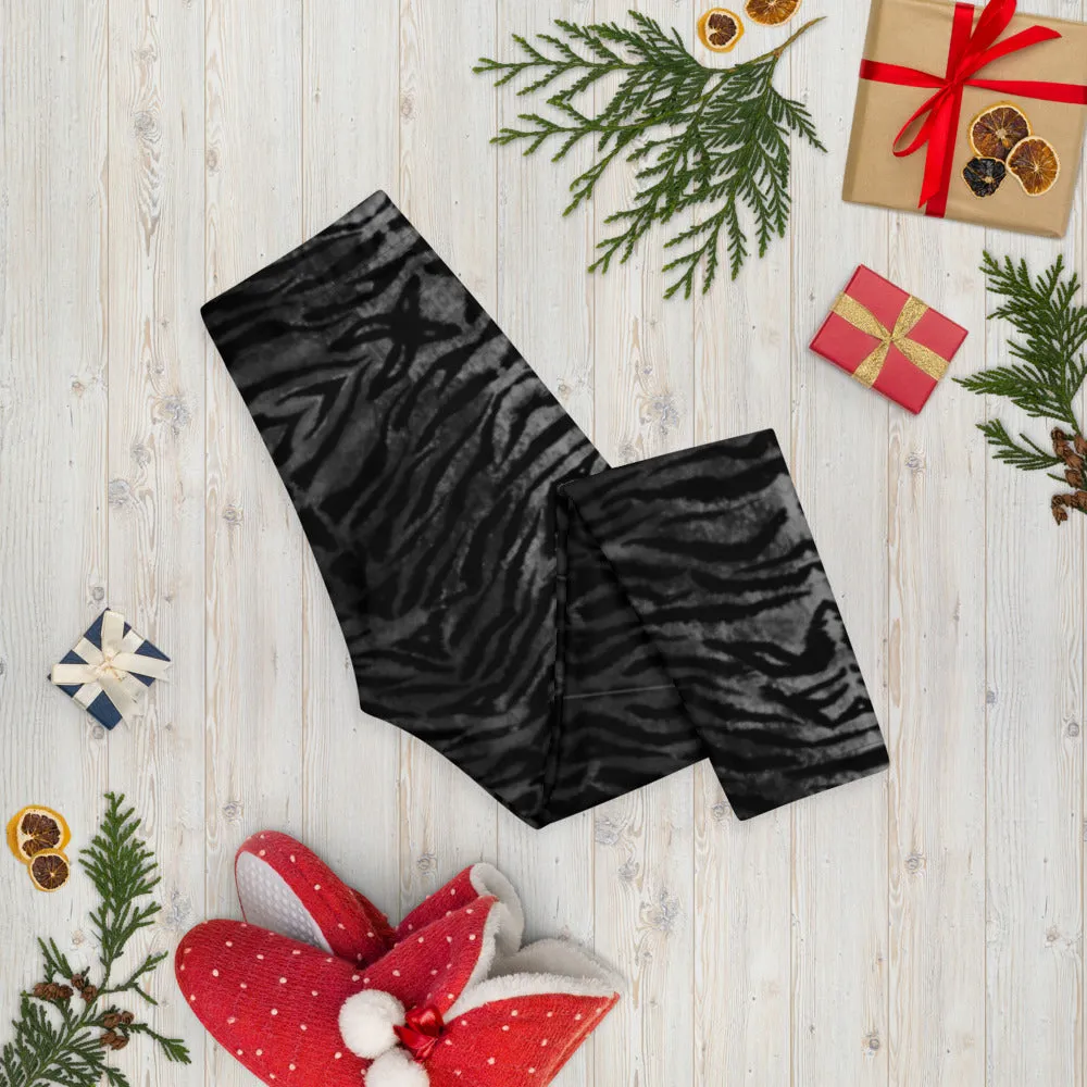 Black Tiger Striped Capri Leggings, Animal Print Women's Capris Tights-Made in USA/EU