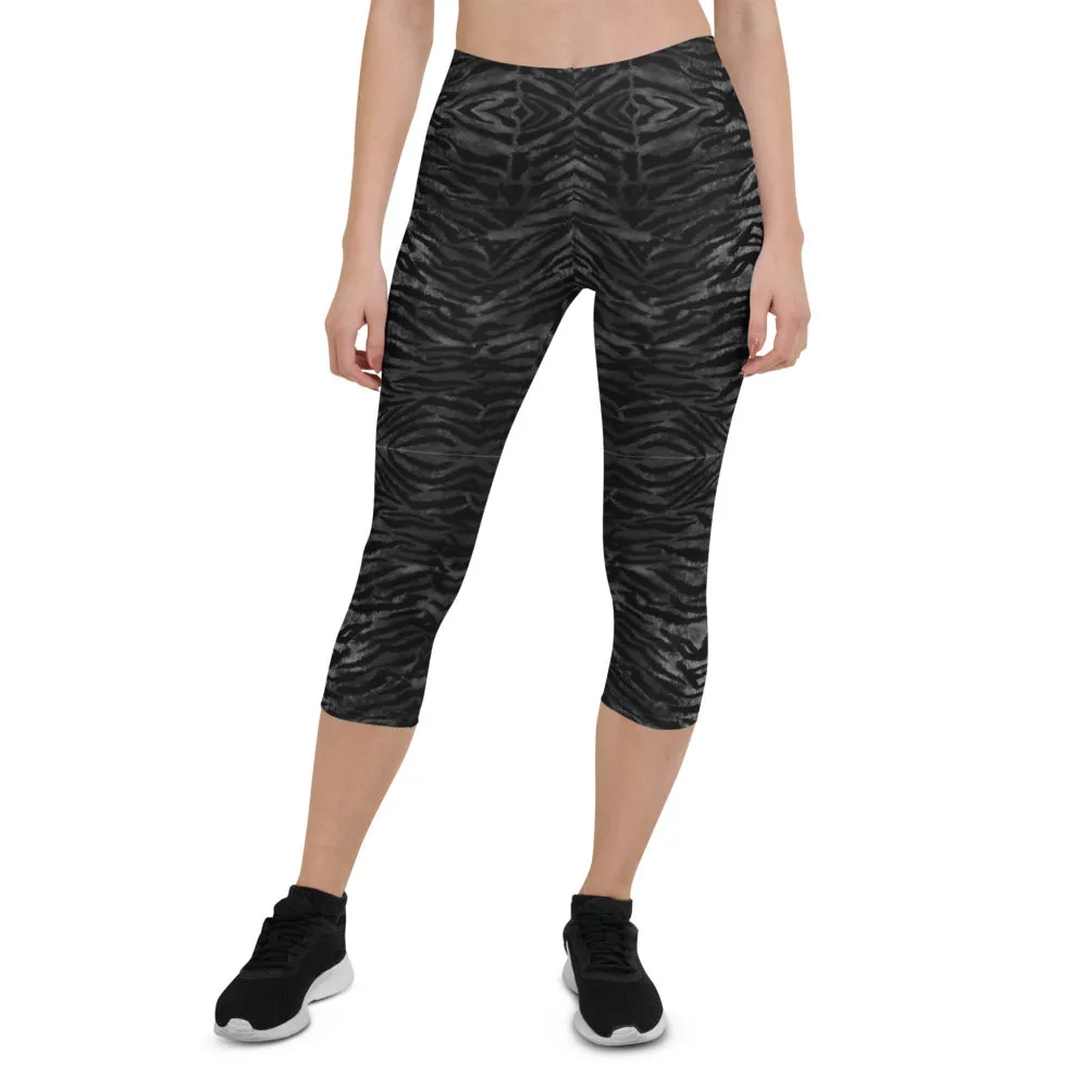 Black Tiger Striped Capri Leggings, Animal Print Women's Capris Tights-Made in USA/EU