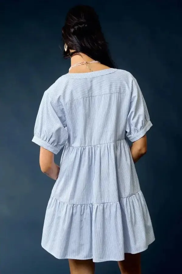 Blue Striped V-Neck Tiered Baby Doll Dress